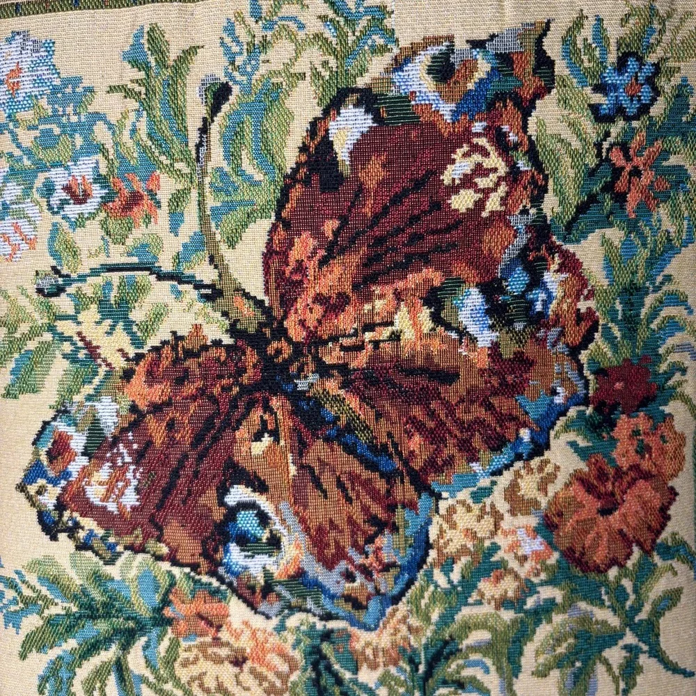 Floral Butterfly/ Dragonfly Tapestry Square Pillow Roped Gold Lining Embroidered